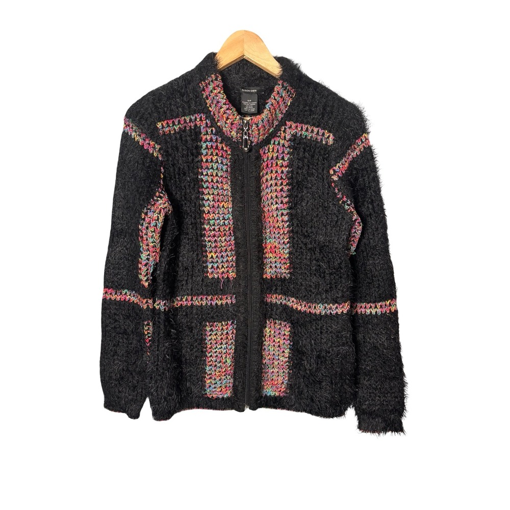 Alison Sheri Fuzzy Eyelash Zip Up Cardigan Sweater S Black Multi Color